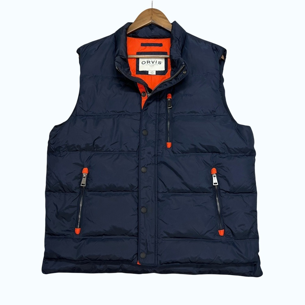 Orvis Mens Large Duck Down Quilted Puffer Vest Navy Blue Orange Insulated